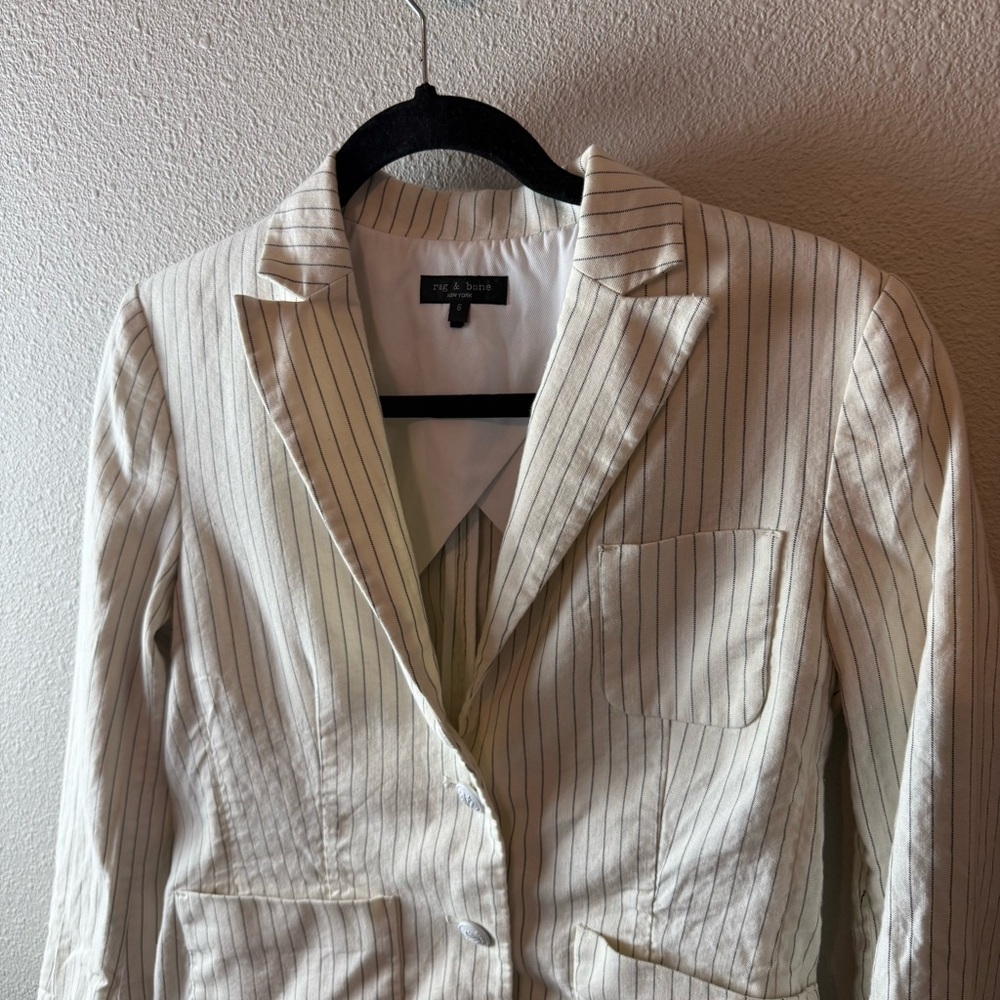 Rag & Bone Blazer Ivory Navy Pinstriped Linen Cotton Blend Business Casual Sz 6 - Picture 3 of 16